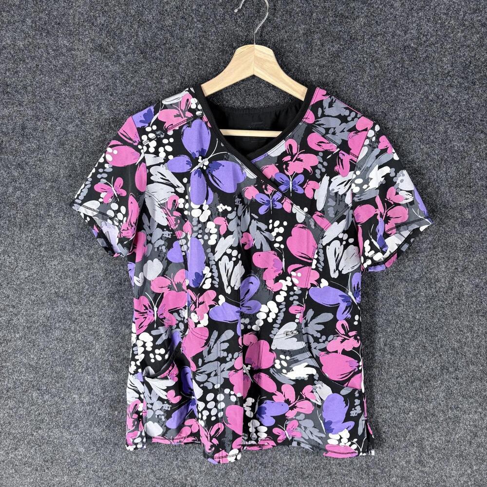 Infinity Scrub Top Women M Medium Black Floral V-Neck Short Sleeve Pockets